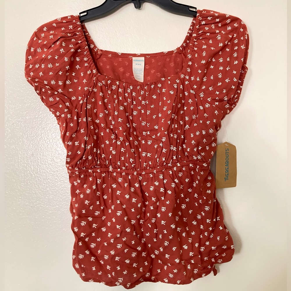 *BRAND NEW* Thereabouts Rust Red Top White Floral Leaf Rouge Puff Sleeve Blouse